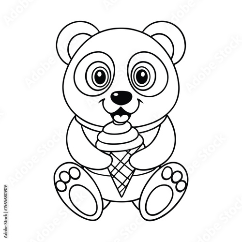 Baby panda eating ice cream in sweet fun style for kids coloring book Vector illustration