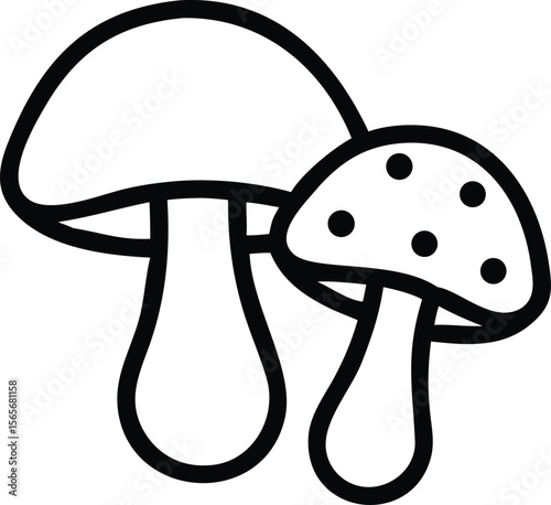 Two mushrooms line drawing, simple outline style, fungi with spots and smooth top