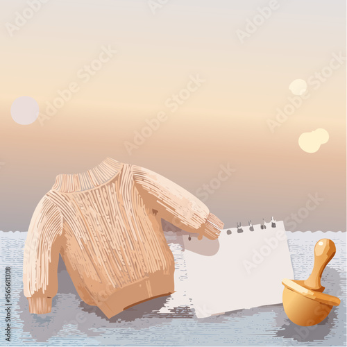 A cozy vector of baby items on a taupe fabric with soft peach tones, ideal for gentle announcements or branding.