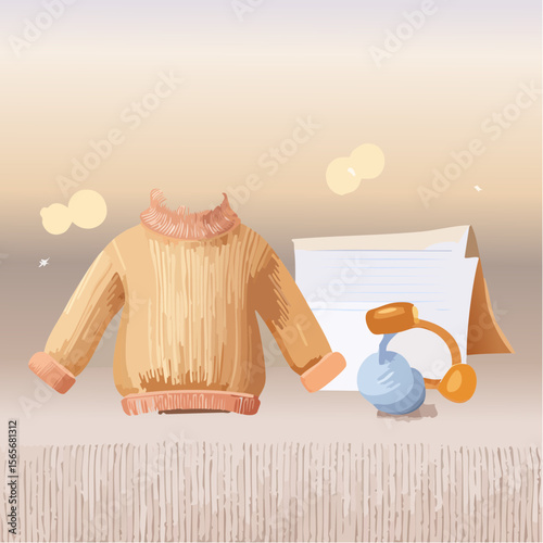 A cozy vector of baby items on a taupe fabric with soft peach tones, ideal for gentle announcements or branding.