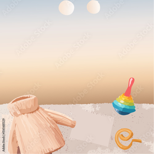 A cozy vector of baby items on a taupe fabric with soft peach tones, ideal for gentle announcements or branding.