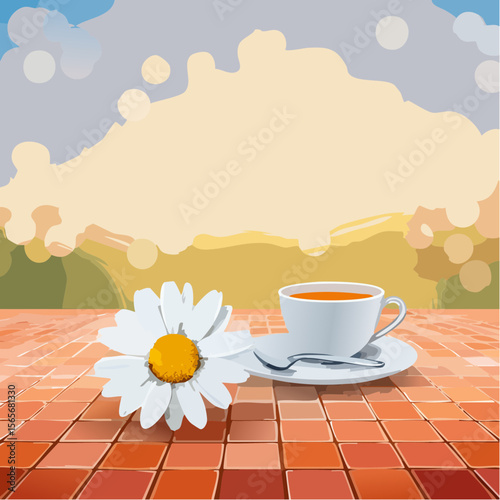 A warm photorealistic vector of a terracotta tile scene with a teacup, book, and daisy, inviting calm and contentment.
