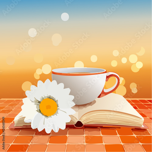 A warm photorealistic vector of a terracotta tile scene with a teacup, book, and daisy, inviting calm and contentment.