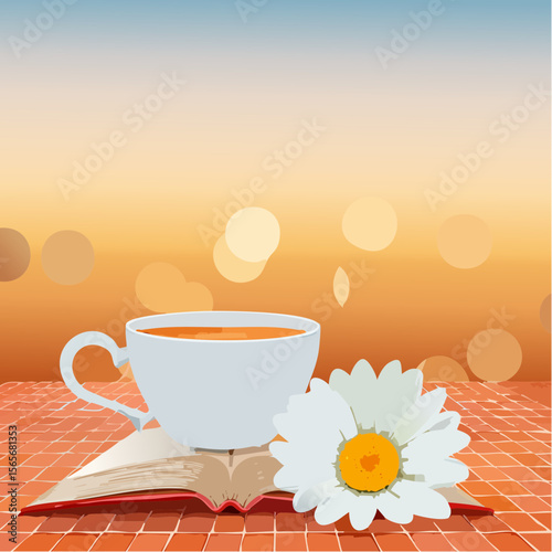 A warm photorealistic vector of a terracotta tile scene with a teacup, book, and daisy, inviting calm and contentment.