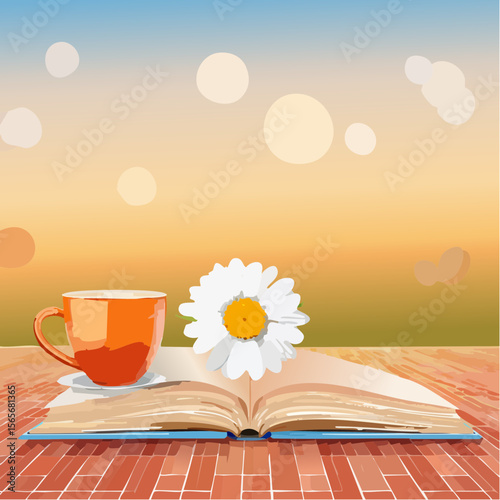 A warm photorealistic vector of a terracotta tile scene with a teacup, book, and daisy, inviting calm and contentment.