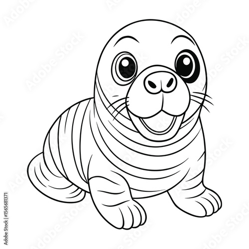 Cute baby walrus with round body simple art for kids coloring book Vector illustration