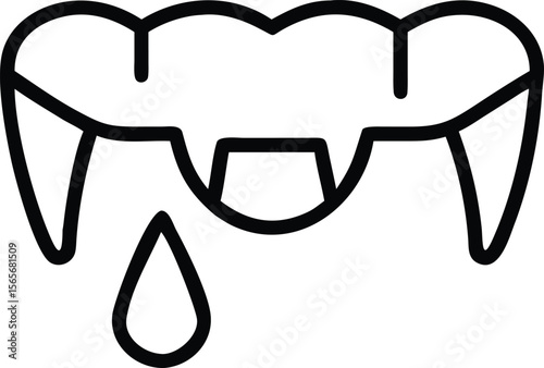 Vampire fangs teeth outline with blood drop Halloween horror illustration