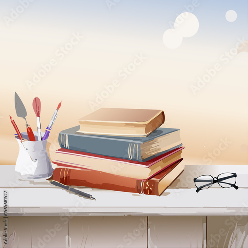 A refined vector with vintage books, glasses, and pen on a white timber desk, ideal for writing, memory, or study themes.