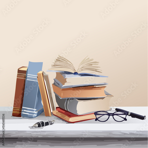 A refined vector with vintage books, glasses, and pen on a white timber desk, ideal for writing, memory, or study themes.