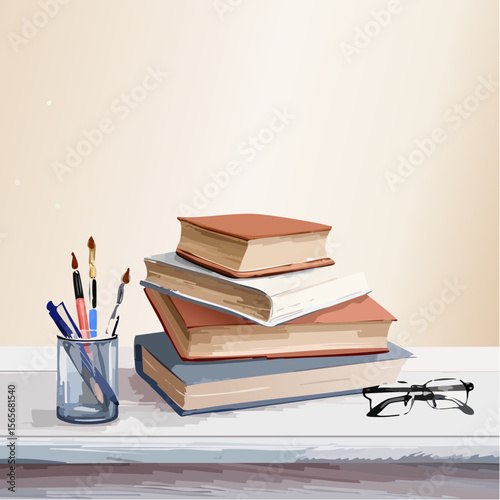 A refined vector with vintage books, glasses, and pen on a white timber desk, ideal for writing, memory, or study themes.