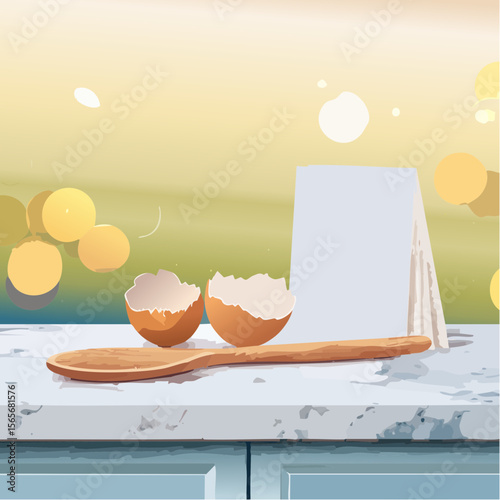 A light photorealistic vector of a marble bench with eggshell, spoon, and recipe cards, great for food blogs or branding.