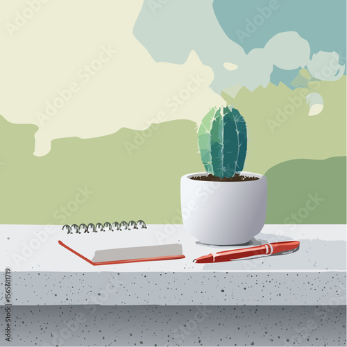 A calming vector of a stone countertop with a cactus, sketchbook, and pen, suited for creative or studio-style compositions.