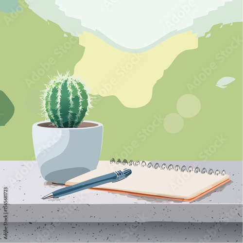 A calming vector of a stone countertop with a cactus, sketchbook, and pen, suited for creative or studio-style compositions.