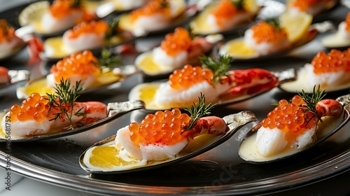 Elegant seafood spoons with caviar, crab, and lemon