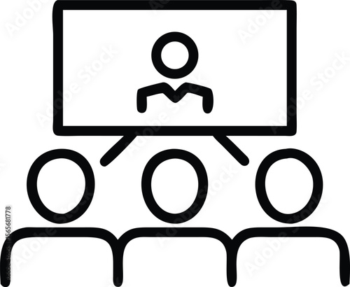 Virtual meeting line art icon with three attendees and presenter view