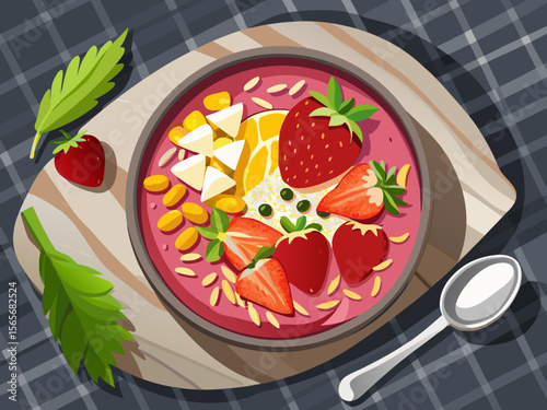 vector of Healthy strawberry smoothie bowl with fresh strawberries, banana pieces, mango pieces and shredded coconut on gray background.
