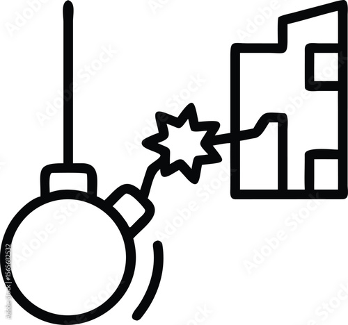 Wrecking ball demolition icon striking building, bold outline style construction concept