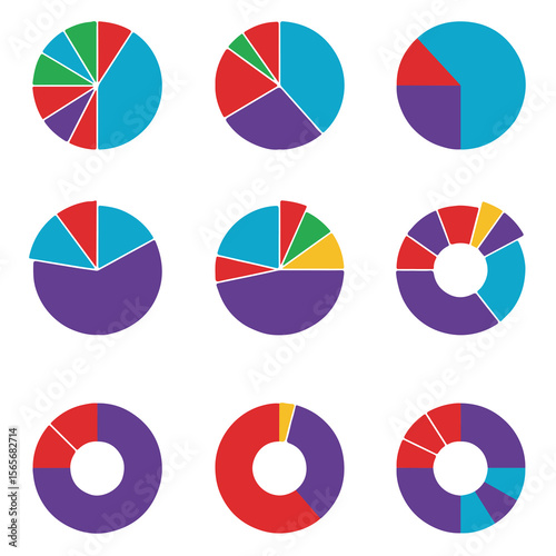 Collection of Pie Charts Presenting Varied Data Distributions with Distinct Color Schemes and Segment Arrangements in a Visual Array