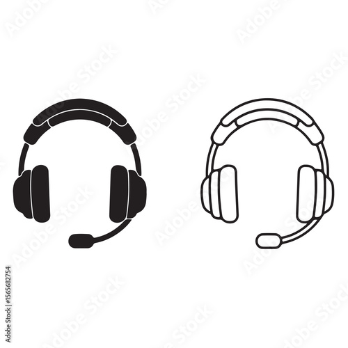 Headset Icons Two Variations with Microphone Device Black Filled Version and Outline Style Communication Concept
