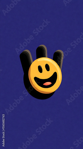 Joyful Hand gesture: A vibrant, 3D-rendered hand shape playfully presents a smiling face icon, exuding happiness. It's a cheerful symbol of joy, positivity, and lightheartedness.