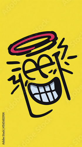 Joyful Illustration on Yellow Background: A vibrant illustration featuring an expressive face with a halo, smiling against a backdrop, radiating joy, energy, and positivity.