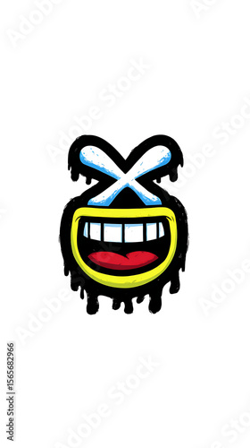 Emoticon's Quirky Smile: A striking illustration of a cartoon emoticon featuring a cross-eyed, wide-mouthed, smiling face, oozing with a playful, expressive charm. 