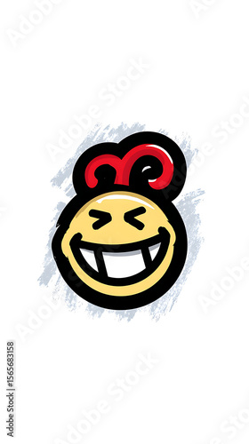 Happy Face with Horns: A cheerful emoticon with horns, grinning broadly, against a textured background. This vibrant illustration is perfect for conveying joy, playfulness.