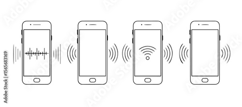 Four phones in a sequence send out signals representing communication and wireless data transfer