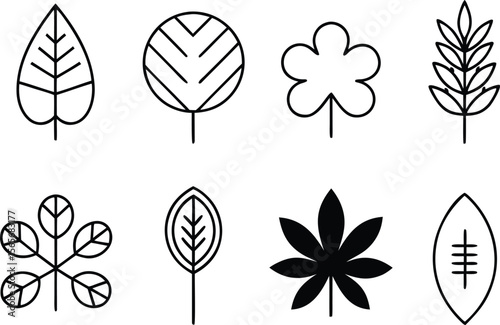 Leaf silhouettes, vector collection, diverse leaves shapes, nature elements. Ideal for eco friendly brand aesthetics, botanical illustrations, educational materials, artistic designs, decorations.