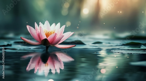 Wallpaper Mural A pink lotus flower floats serenely on calm water, reflecting the surrounding green foliage under gentle daylight Torontodigital.ca