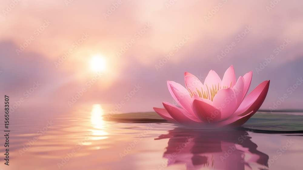 The water at sunrise is home to a delicate floating pink lotus flower The water at sunrise is home to a delicate floating pink lotus flower