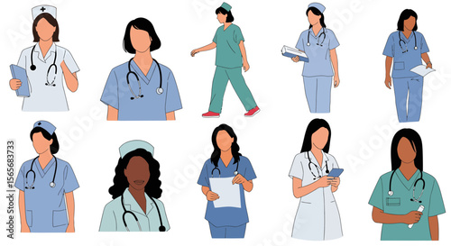 Diverse Female Nurses and Healthcare Professionals Illustrations for Medical Websites, Brochures, and Presentations