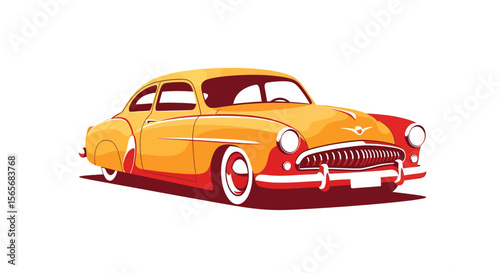 Vintage Classic Car Illustration Retro Automobile Design, Yellow and Red Color Palette, Mid-Century Style