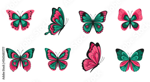 Vibrant Pink and Teal Butterfly Illustrations A Collection of Eight Unique Designs for Digital and Print Projects