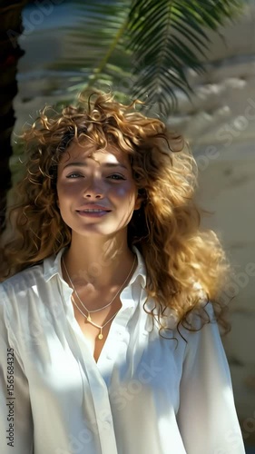 Smiling woman in natural sunlight with curly hair and white shirt