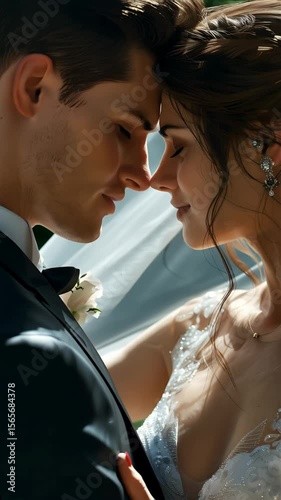 Bride and groom sharing intimate moment on wedding day