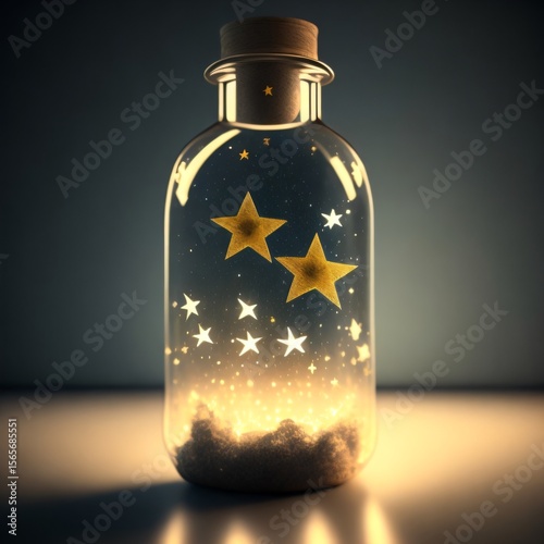 AI-generated Christmas background featuring a glass bottle with a cork lid. Inside the bottle, snowy trees and hanging stars are softly lit with festive lights, creating a magical and cozy scene