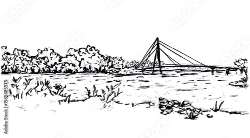 Panorama of Bridge on River Vector Sketch Drawing Landscape, Horizontal Banner Panoramic View with Lake or Sea and Trees. Black and White Line Art Vintage Engraving Isolated Illustration