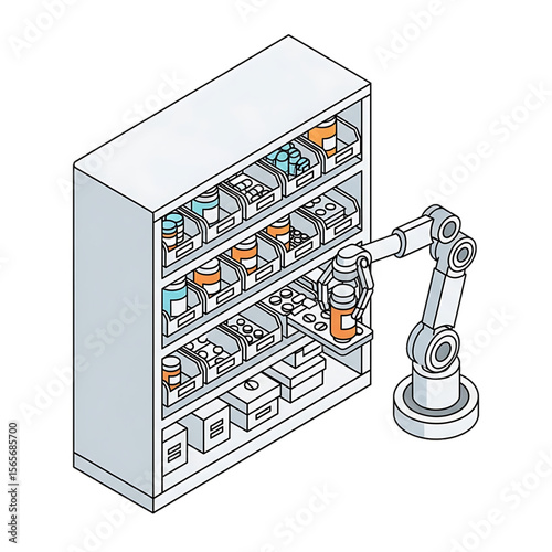 Automated pharmacy dispenser with robotic arm.