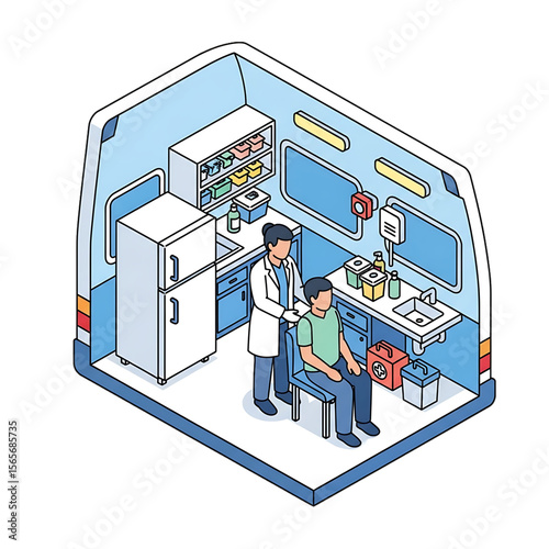 Mobile lab with staff and diagnostic tools.