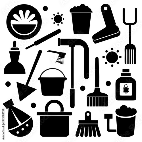 Perfect Vector Collection Of Cleaning Tools Silhouettes For Use Graphics Websites And Apps Designs On White Background