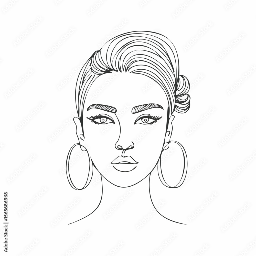 Bold vector line art of a woman with hoop earrings on white, minimal and modern with smooth curves. Great for fashion, print, or identity work.