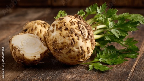 Fresh celeriac bulbs with celery leaves on rustic wooden surface