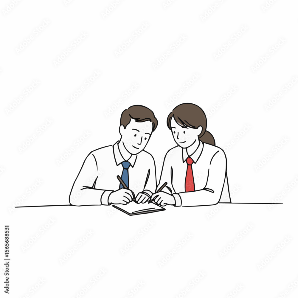 Fototapeta premium Two business people collaborating and writing in a notebook 