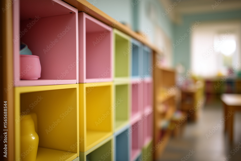 Fototapeta premium Colorful Kindergarten Cubbies - Bright Pastel Kindergarten Shelf