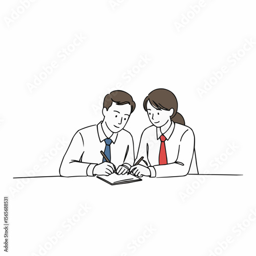 Two business people collaborating and writing in a notebook  