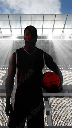 Animation of basketball player holding ball over sports stadium