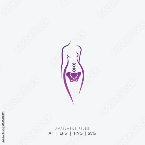 Elegant Female Body Silhouette with Pelvis, Minimalist Line Art Woman Figure with Pelvic Bone Detail, Abstract Purple Female Anatomy Icon
