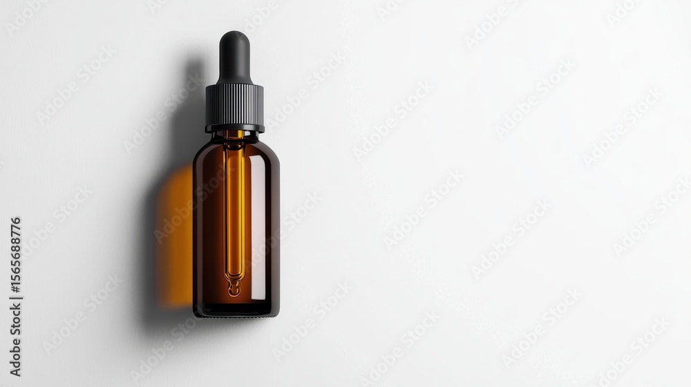 Naklejka premium Small amber glass dropper bottle with black cap on plain white background for medication or cosmetic use