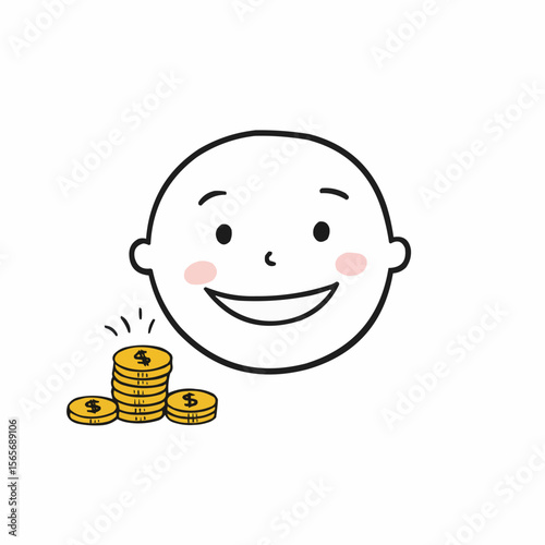 Smiling cartoon face with golden coins representing wealth and happiness  